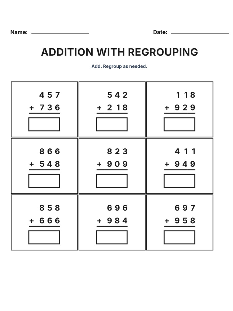 Grade 3 Addition Regrouping worksheet 21 for kids