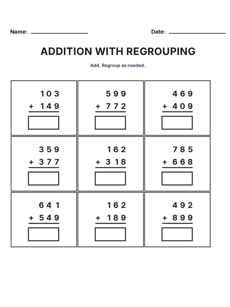 Grade 3 Addition Regrouping worksheet 22 for kids