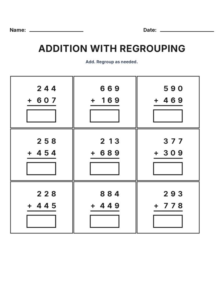 Grade 3 Addition Regrouping worksheet 24 for kids