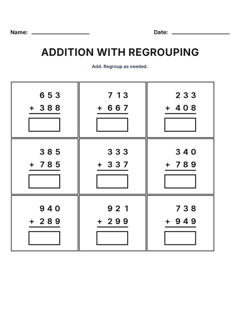Grade 3 Addition Regrouping worksheet 25 for kids
