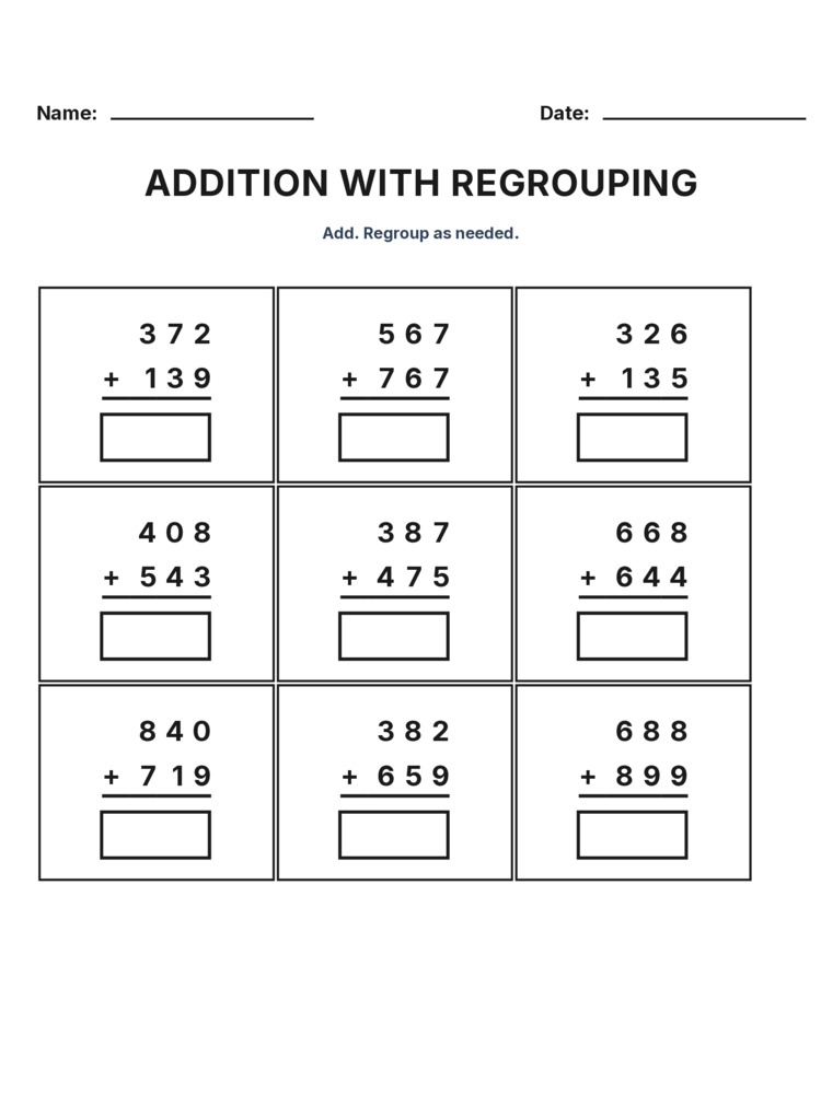 Grade 3 Addition Regrouping worksheet 27 for kids