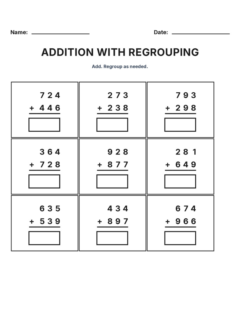 Grade 3 Addition Regrouping worksheet 28 for kids