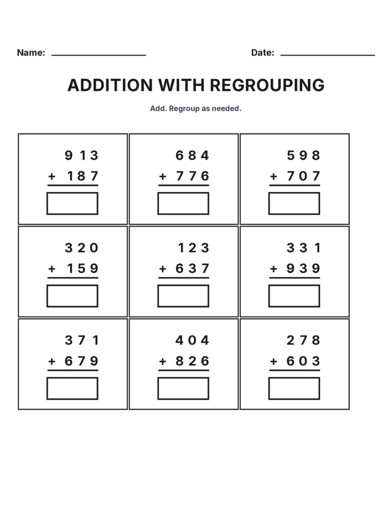 Grade 3 Addition Regrouping worksheet 3 for kids