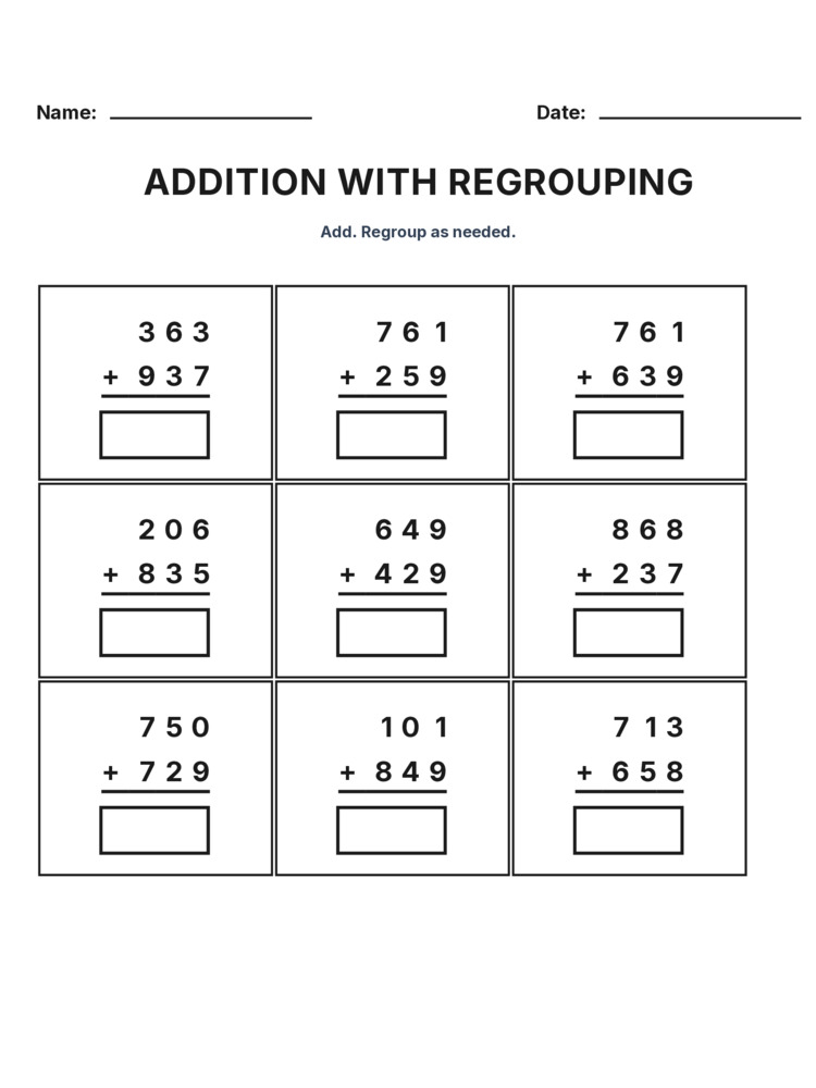 Grade 3 Addition Regrouping worksheet 30 for kids