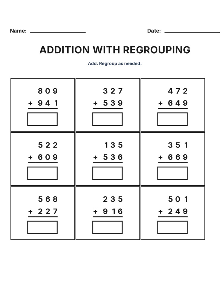 Grade 3 Addition Regrouping worksheet 4 for kids