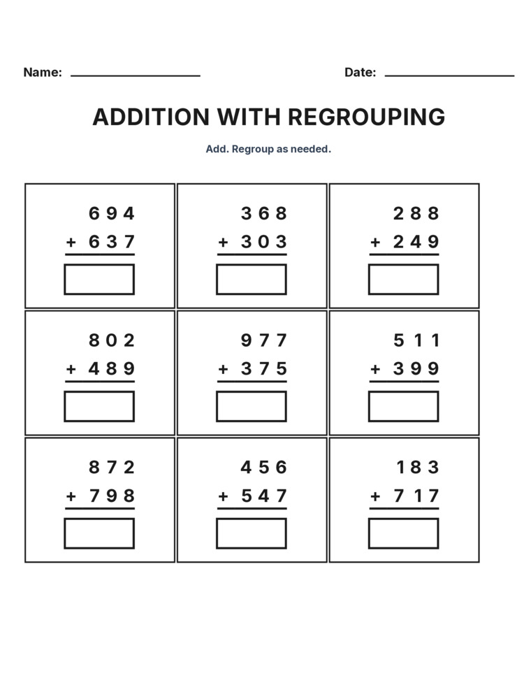 Grade 3 Addition Regrouping worksheet 5 for kids