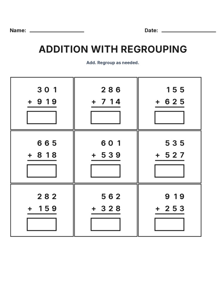 Grade 3 Addition Regrouping worksheet 6 for kids