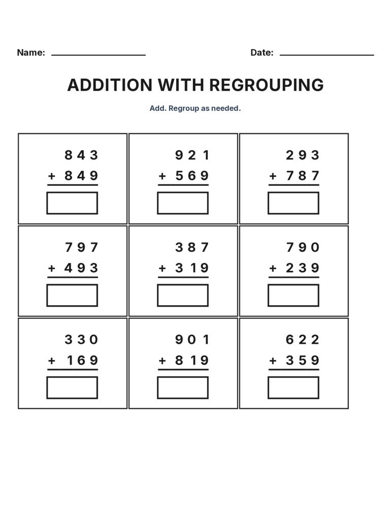 Grade 3 Addition Regrouping worksheet 7 for kids