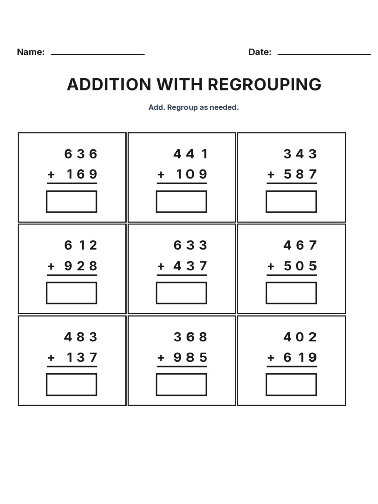 Grade 3 Addition Regrouping worksheet 8 for kids