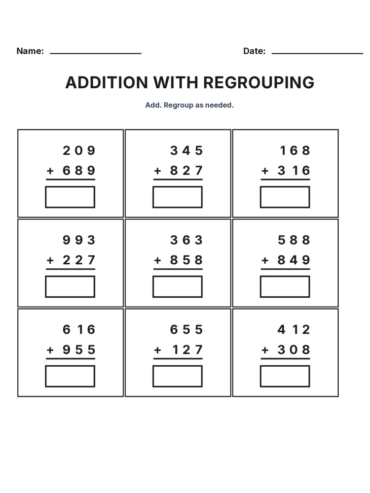 Grade 3 Addition Regrouping worksheet 9 for kids