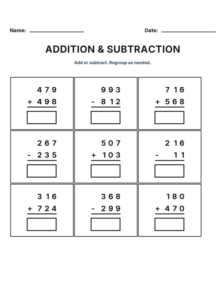 Grade 3 Addition & Subtraction Mixed Review worksheet 10 for kids