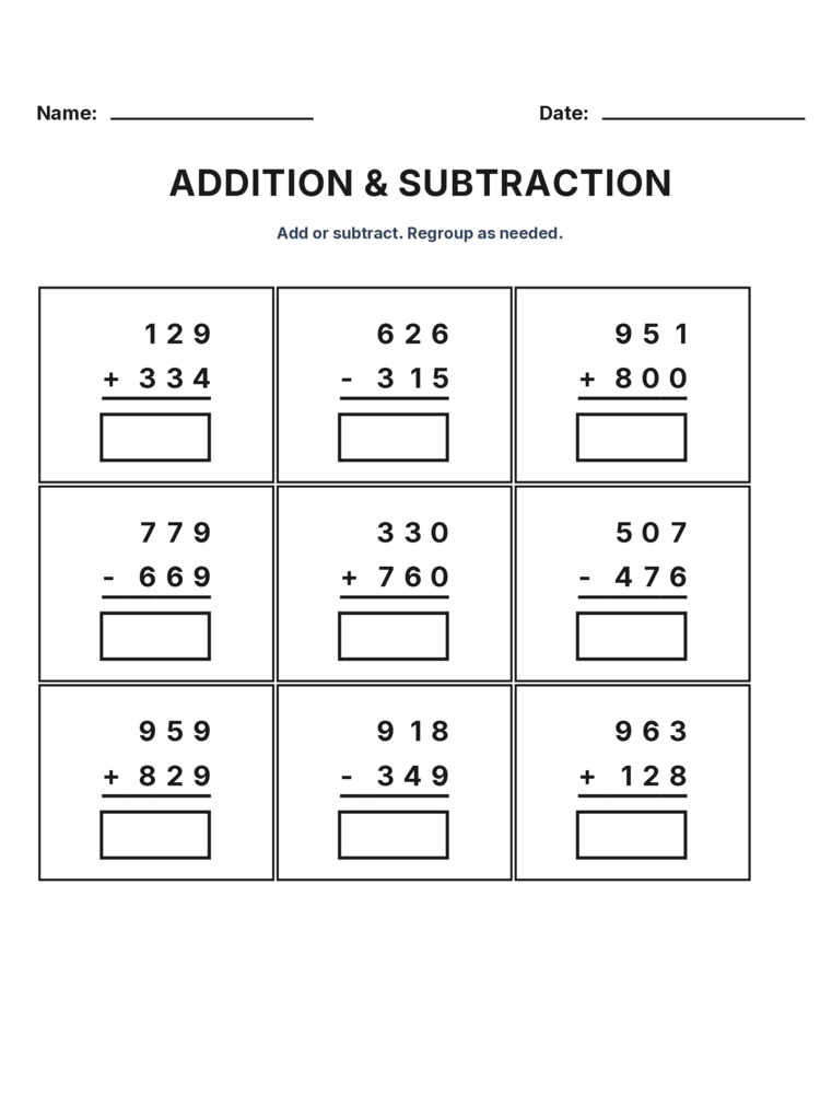 Grade 3 Addition & Subtraction Mixed Review worksheet 11 for kids