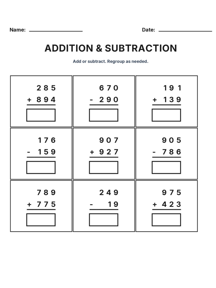 Grade 3 Addition & Subtraction Mixed Review worksheet 12 for kids