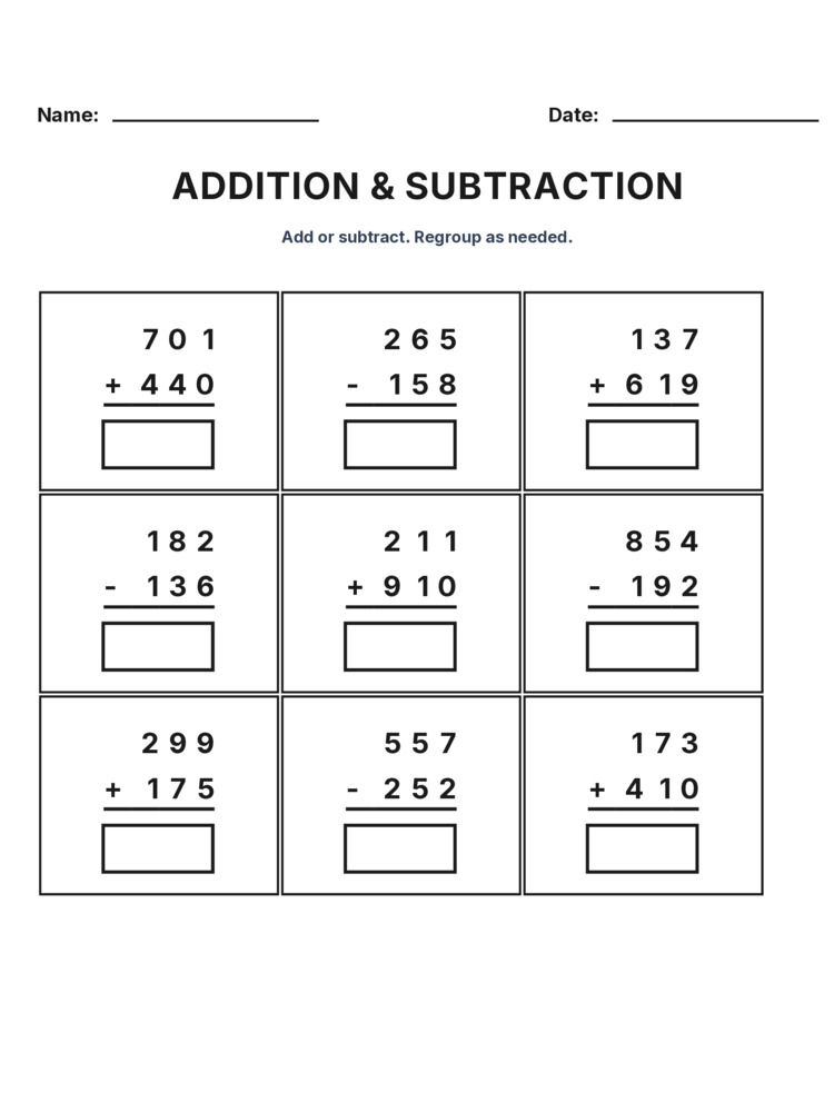 Grade 3 Addition & Subtraction Mixed Review worksheet 13 for kids
