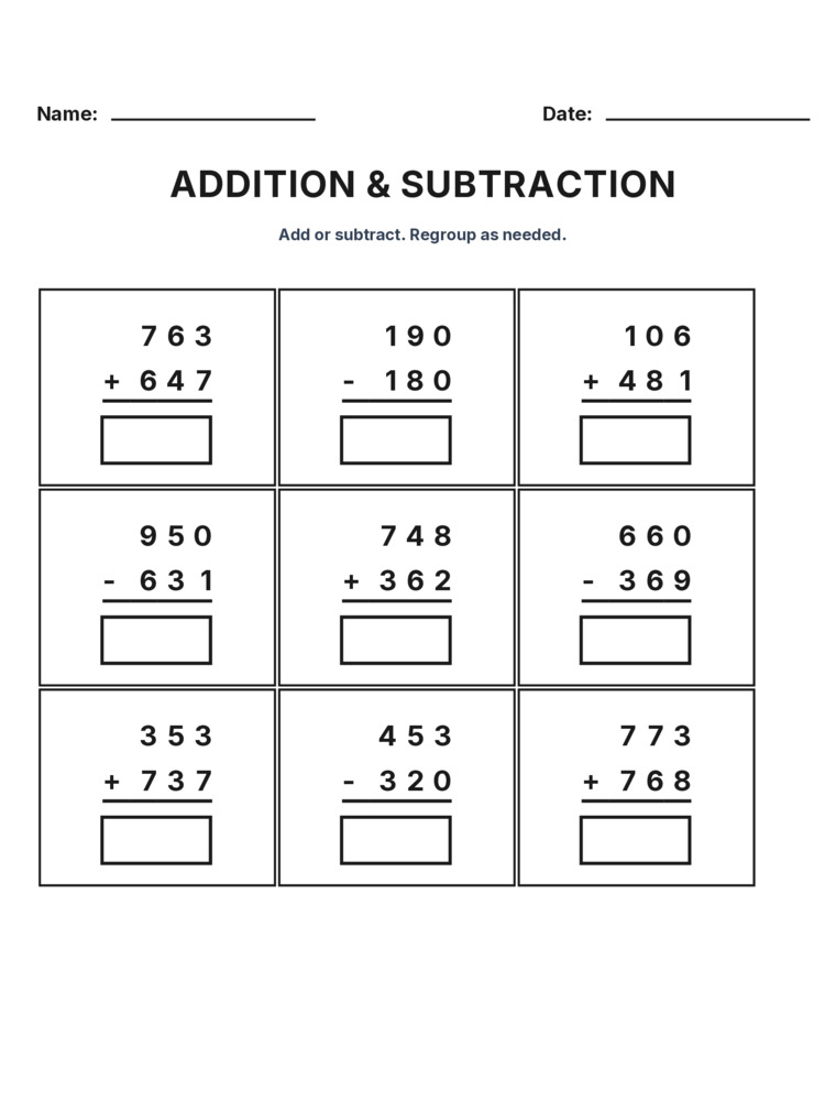 Grade 3 Addition & Subtraction Mixed Review worksheet 18 for kids