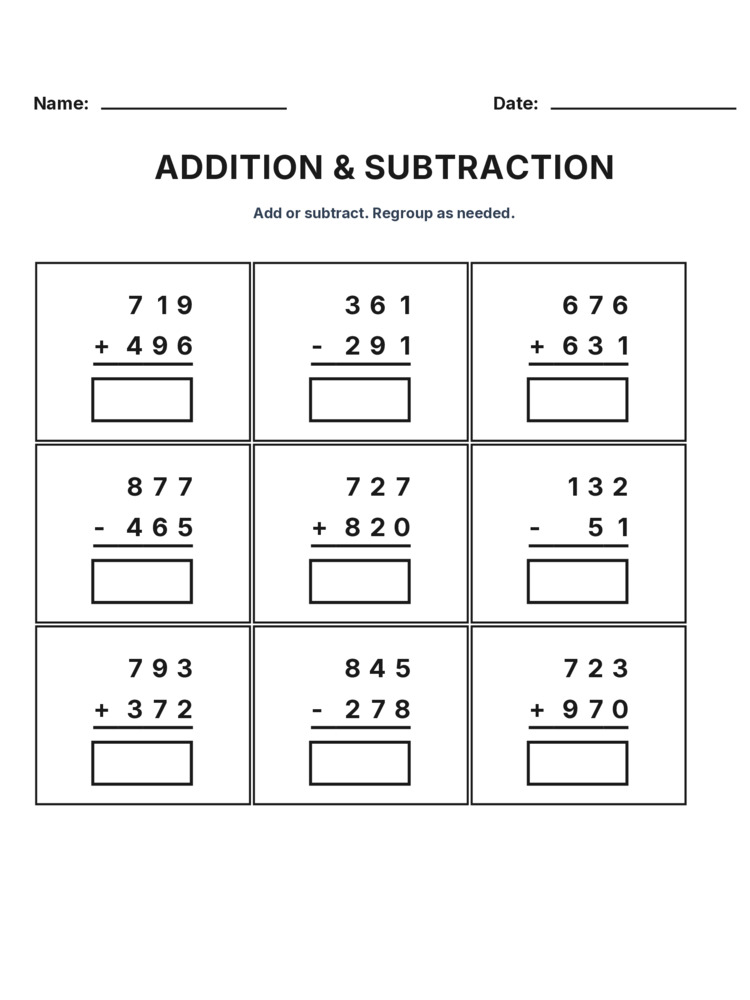 Grade 3 Addition & Subtraction Mixed Review worksheet 19 for kids