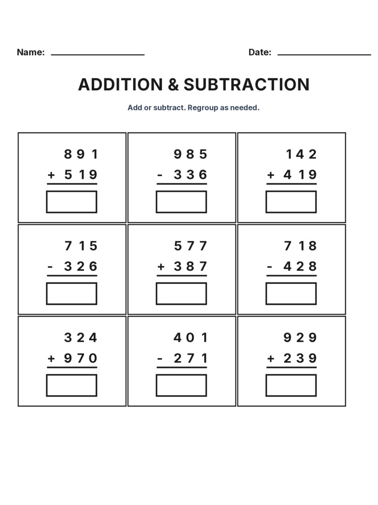 Grade 3 Addition & Subtraction Mixed Review worksheet 2 for kids