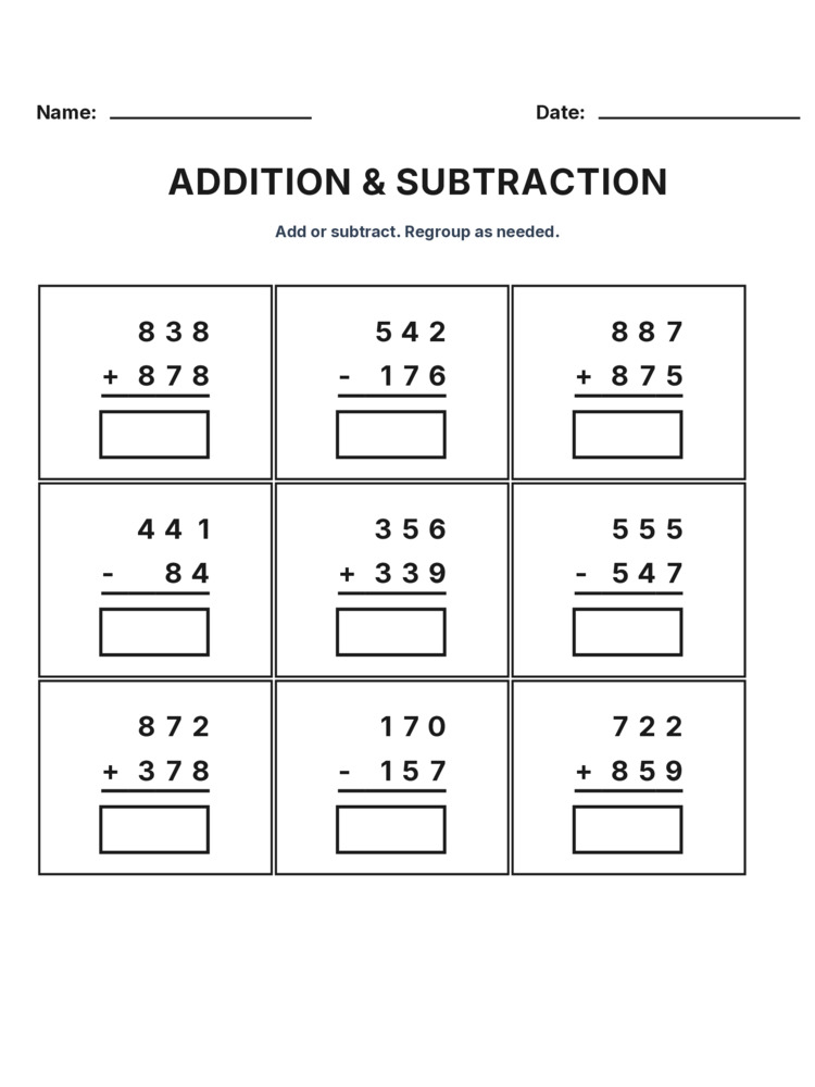 Grade 3 Addition & Subtraction Mixed Review worksheet 20 for kids