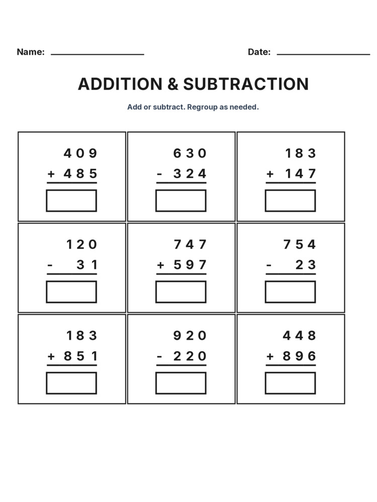 Grade 3 Addition & Subtraction Mixed Review worksheet 21 for kids