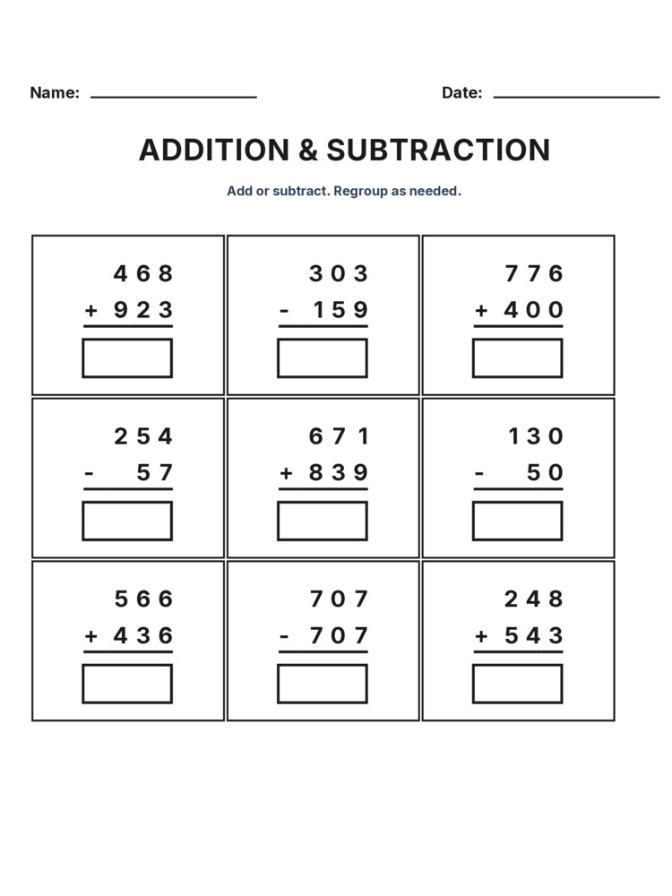 Grade 3 Addition & Subtraction Mixed Review worksheet 22 for kids
