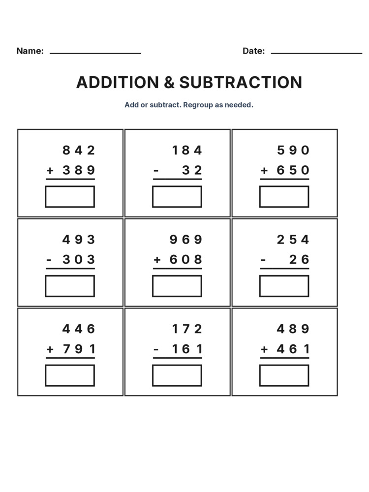 Grade 3 Addition & Subtraction Mixed Review worksheet 23 for kids