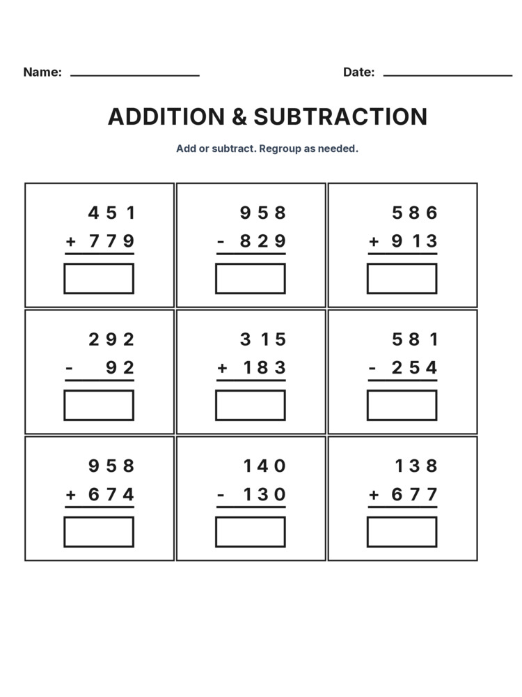 Grade 3 Addition & Subtraction Mixed Review worksheet 26 for kids