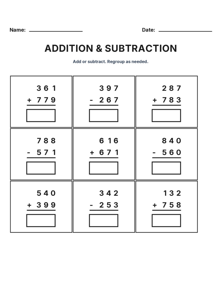 Grade 3 Addition & Subtraction Mixed Review worksheet 28 for kids
