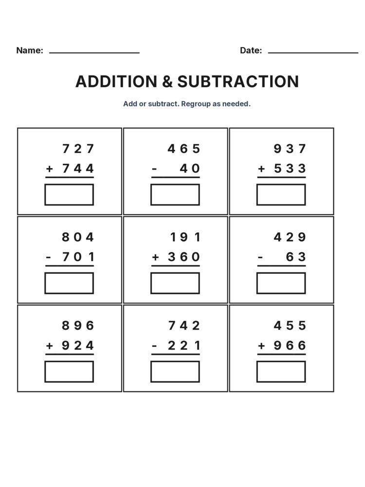 Grade 3 Addition & Subtraction Mixed Review worksheet 29 for kids