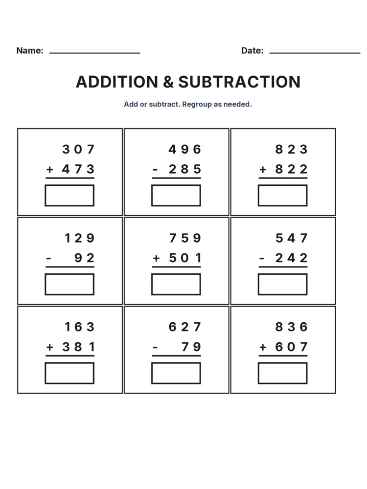 Grade 3 Addition & Subtraction Mixed Review worksheet 3 for kids