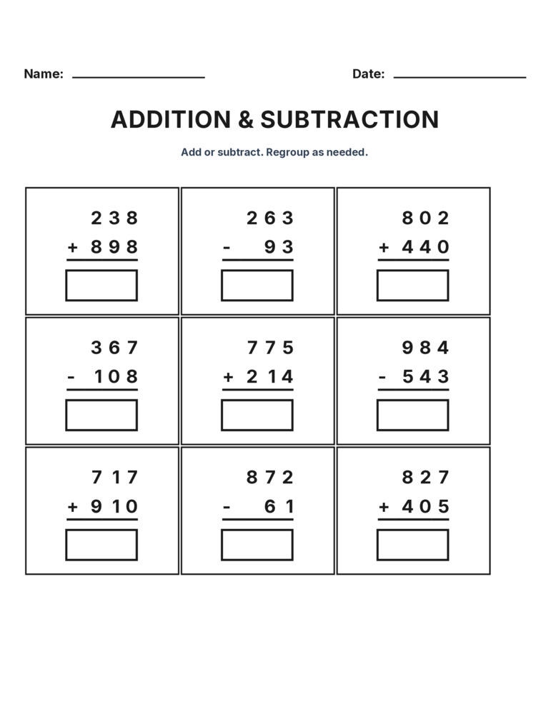 Grade 3 Addition & Subtraction Mixed Review worksheet 30 for kids