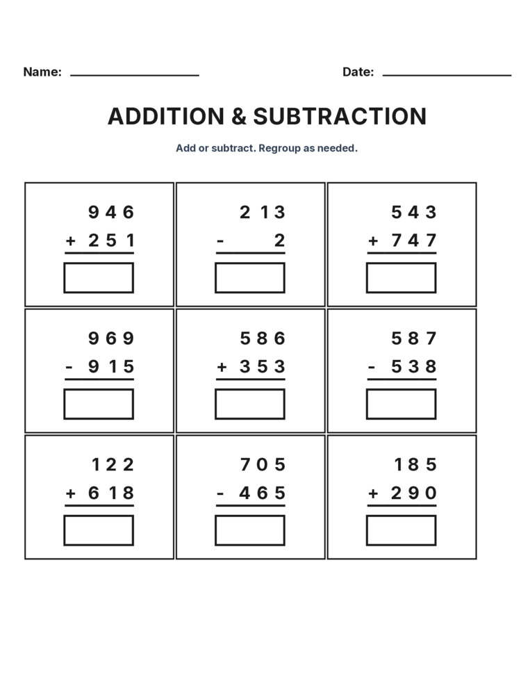 Grade 3 Addition & Subtraction Mixed Review worksheet 4 for kids