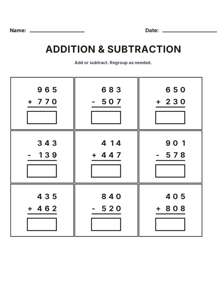 Grade 3 Addition & Subtraction Mixed Review worksheet 5 for kids