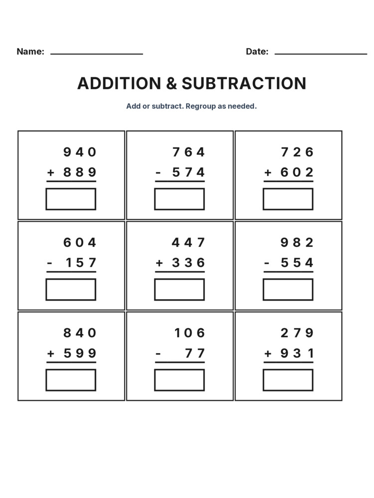 Grade 3 Addition & Subtraction Mixed Review worksheet 6 for kids