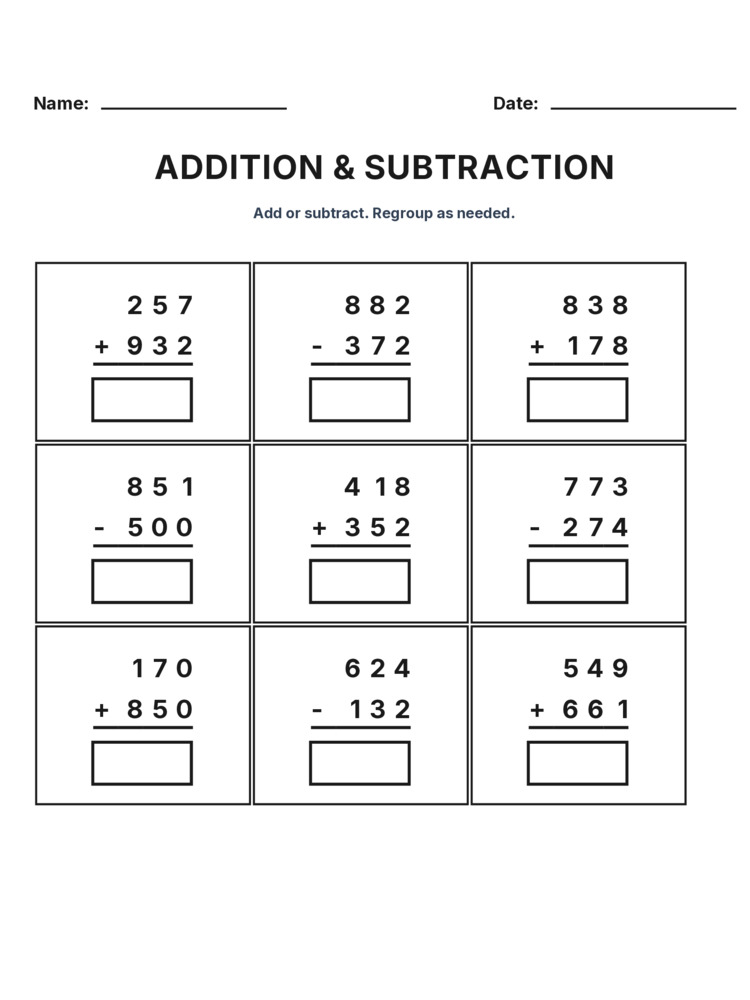 Grade 3 Addition & Subtraction Mixed Review worksheet 7 for kids