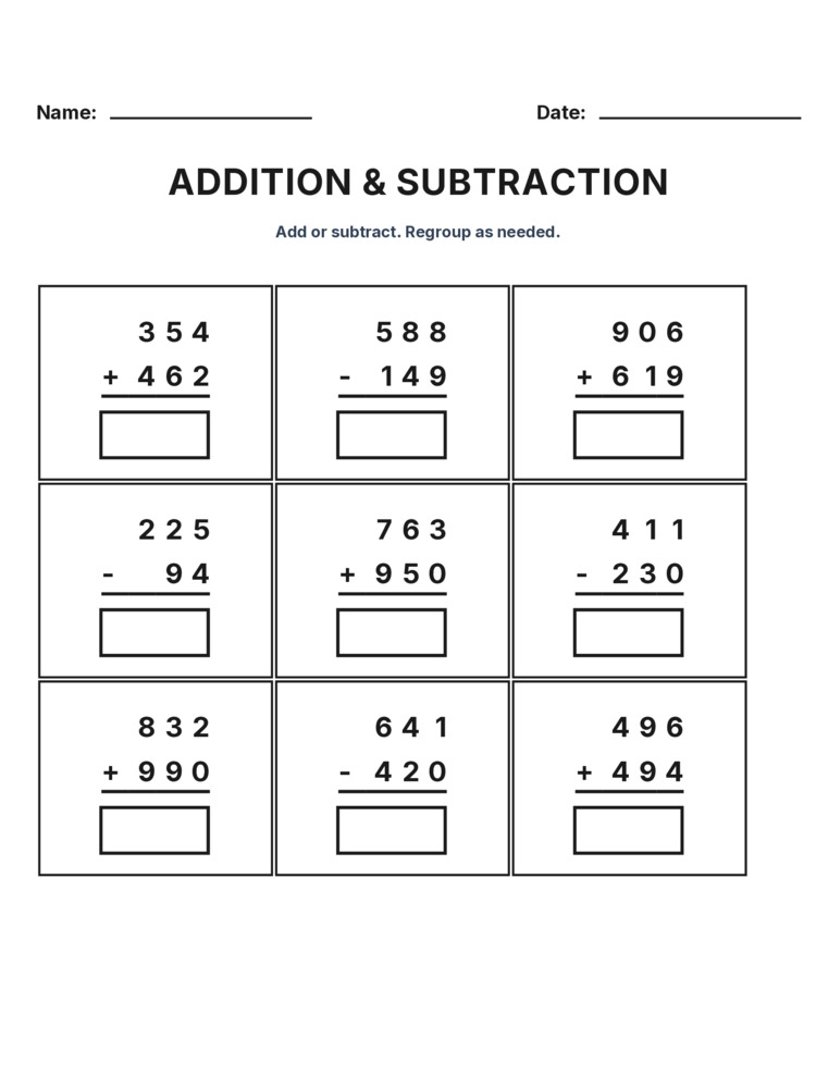 Grade 3 Addition & Subtraction Mixed Review worksheet 8 for kids