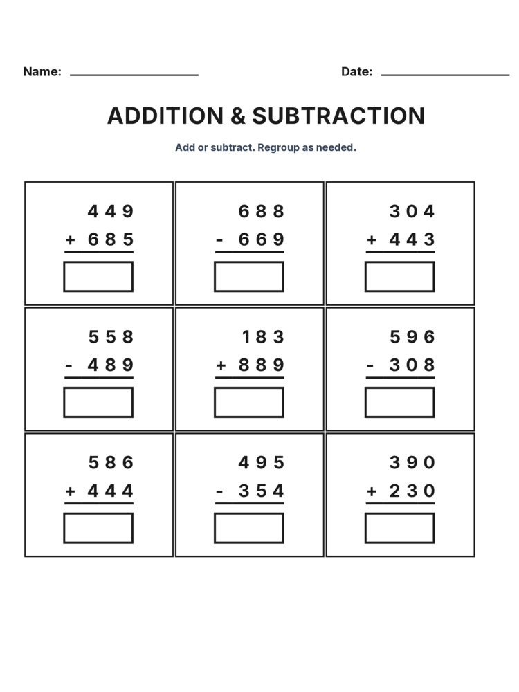 Grade 3 Addition & Subtraction Mixed Review worksheet 9 for kids