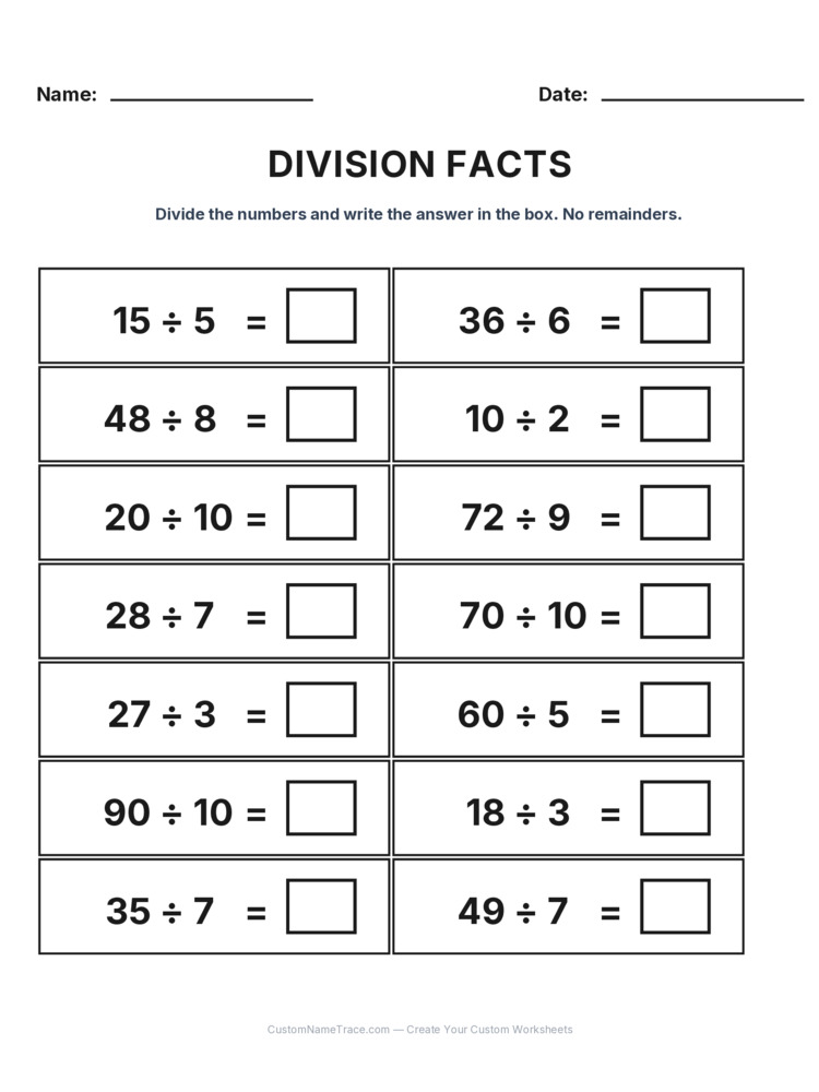 Grade 3 Division Basic Facts worksheet 10 for kids