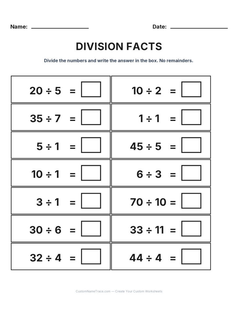 Grade 3 Division Basic Facts worksheet 11 for kids