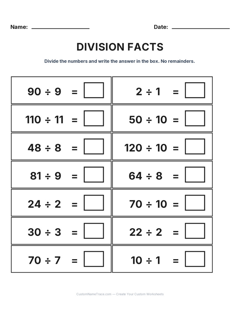 Grade 3 Division Basic Facts worksheet 12 for kids