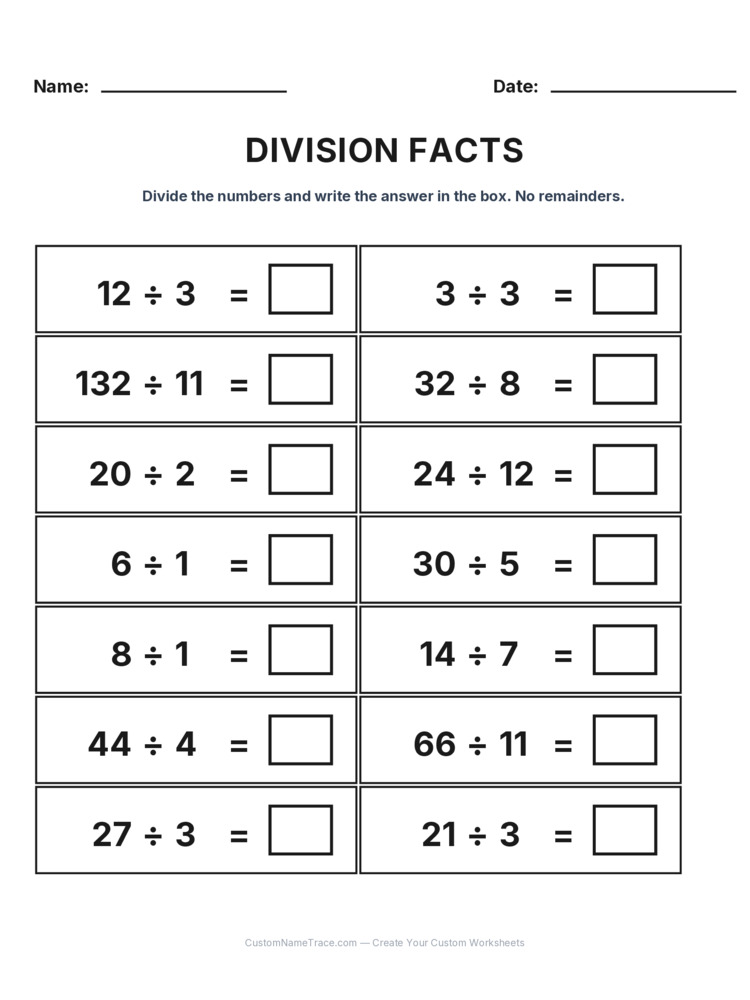 Grade 3 Division Basic Facts worksheet 14 for kids