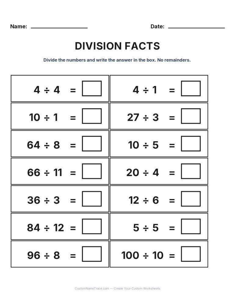 Grade 3 Division Basic Facts worksheet 17 for kids