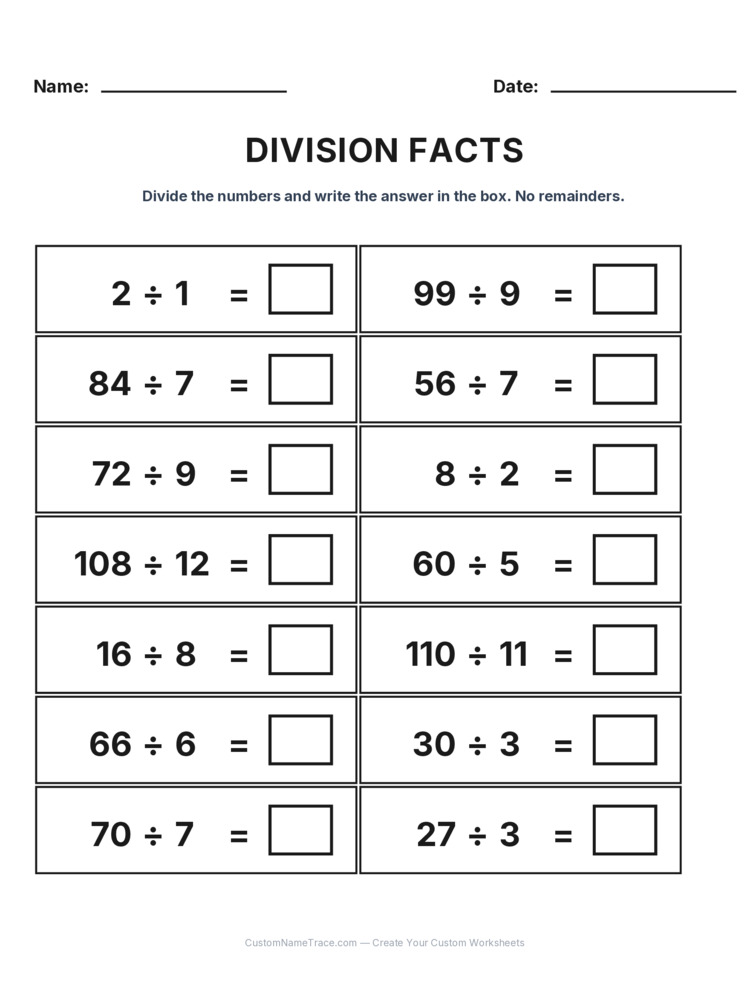 Grade 3 Division Basic Facts worksheet 18 for kids
