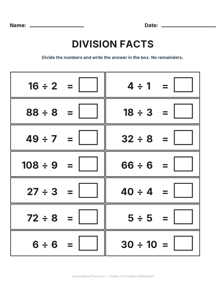 Grade 3 Division Basic Facts worksheet 19 for kids