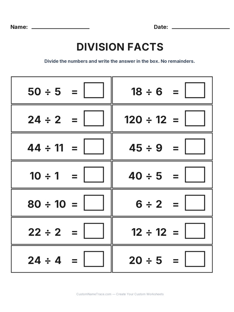 Grade 3 Division Basic Facts worksheet 2 for kids