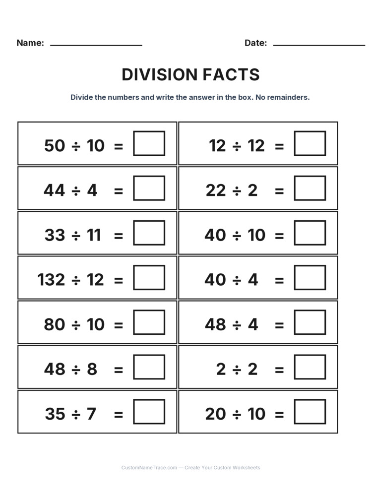 Grade 3 Division Basic Facts worksheet 20 for kids