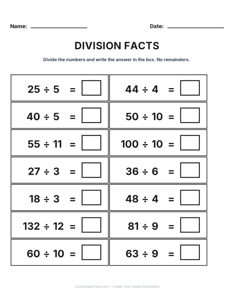 Grade 3 Division Basic Facts worksheet 21 for kids