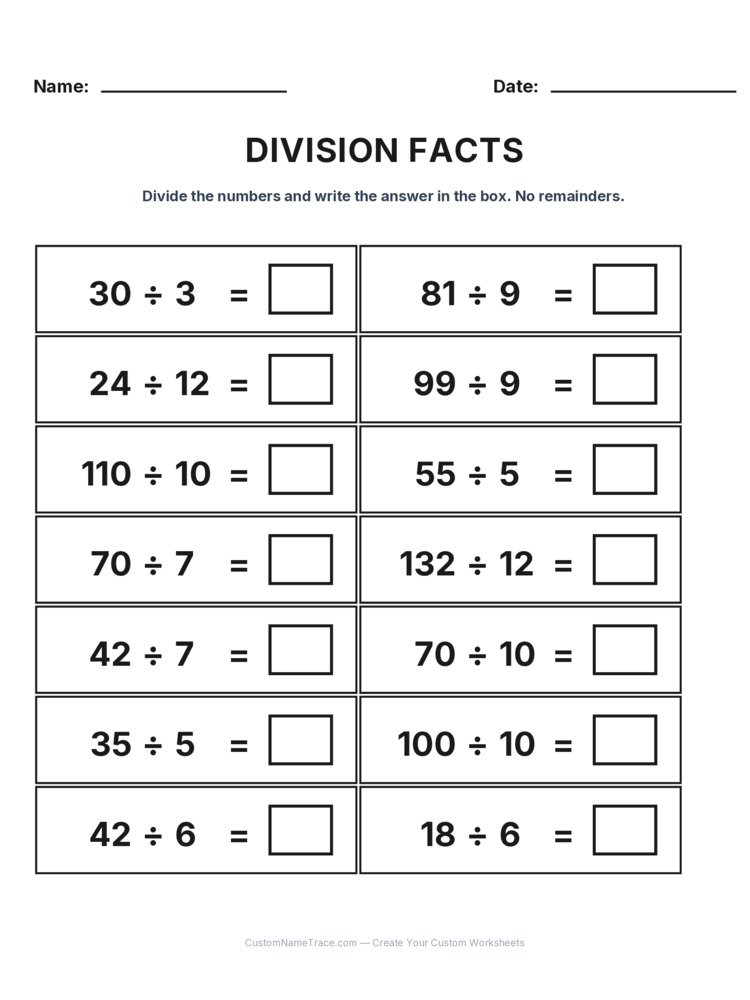 Grade 3 Division Basic Facts worksheet 22 for kids
