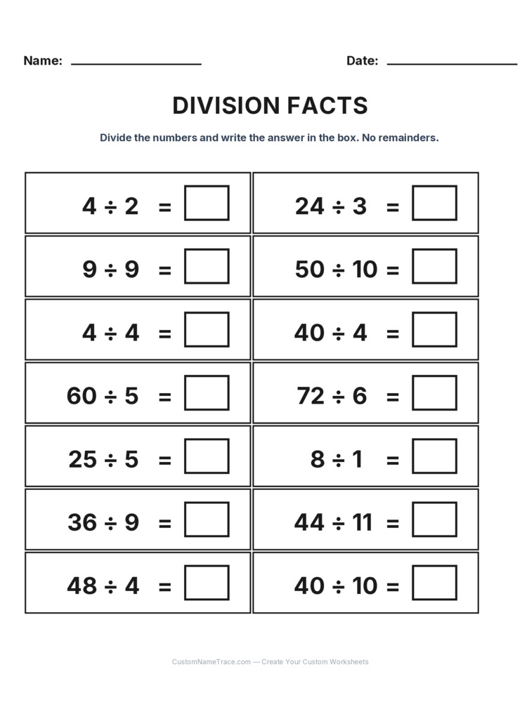 Grade 3 Division Basic Facts worksheet 23 for kids