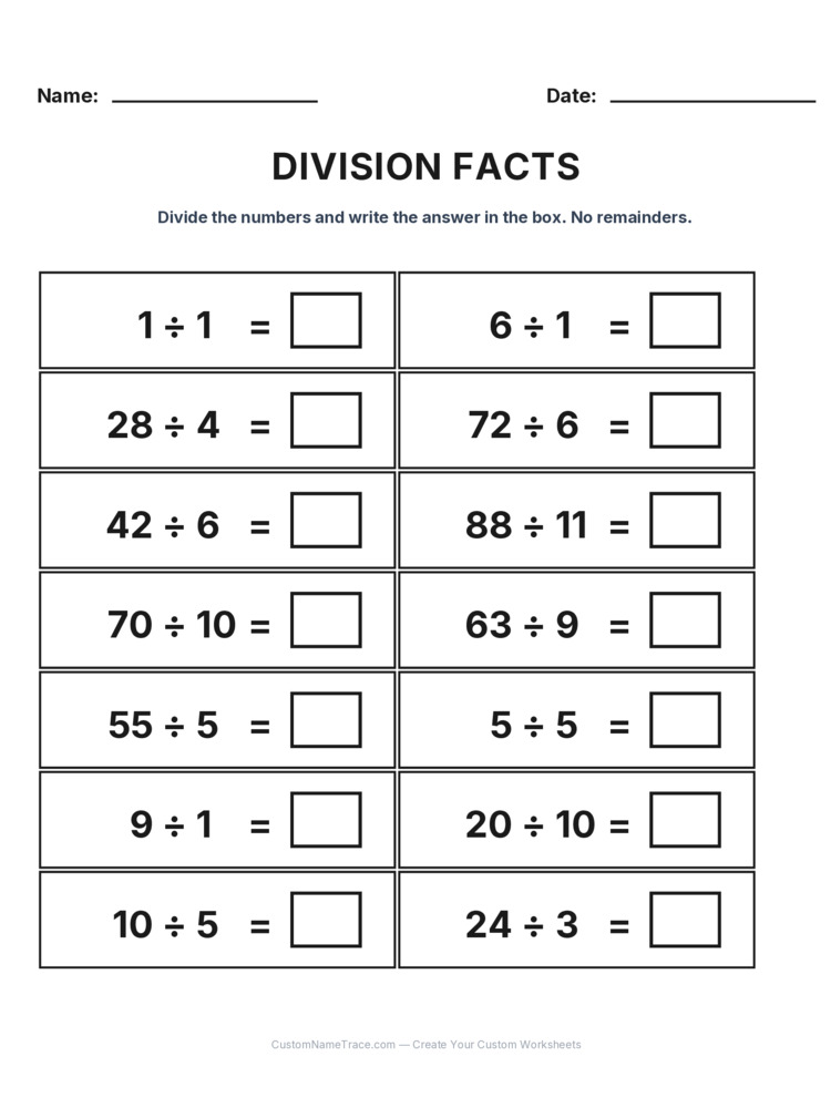 Grade 3 Division Basic Facts worksheet 25 for kids
