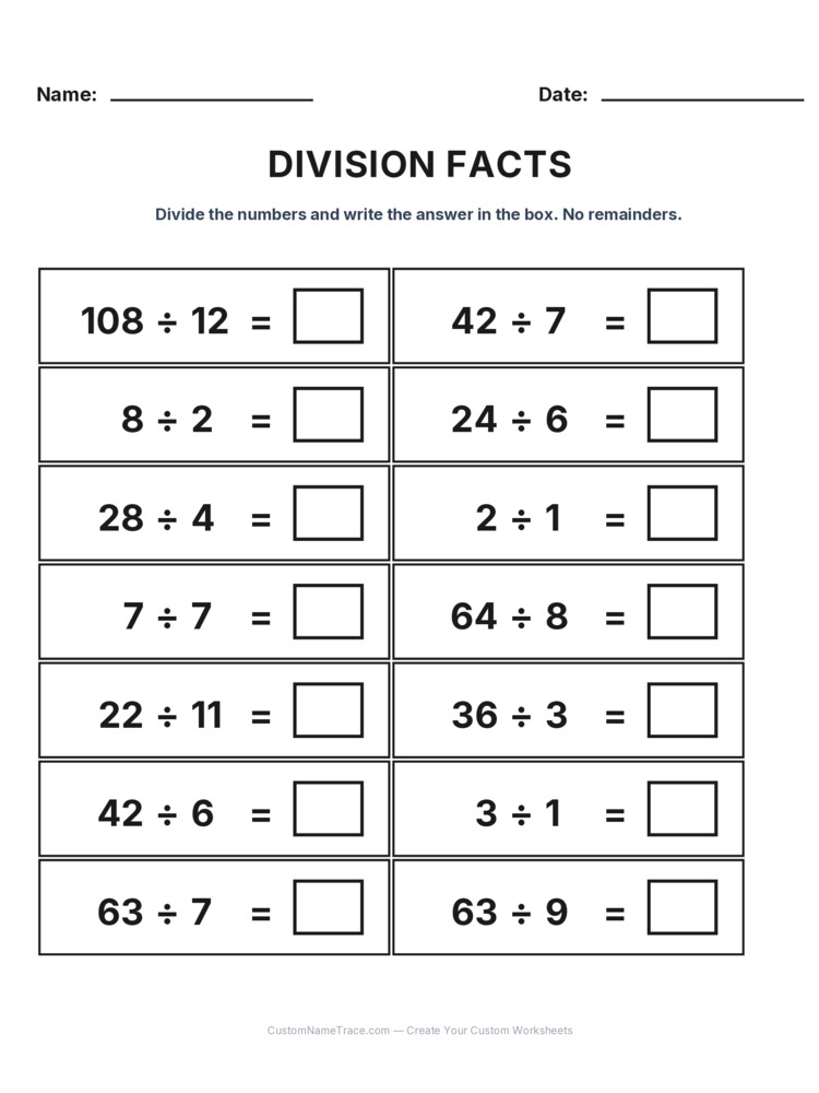 Grade 3 Division Basic Facts worksheet 26 for kids
